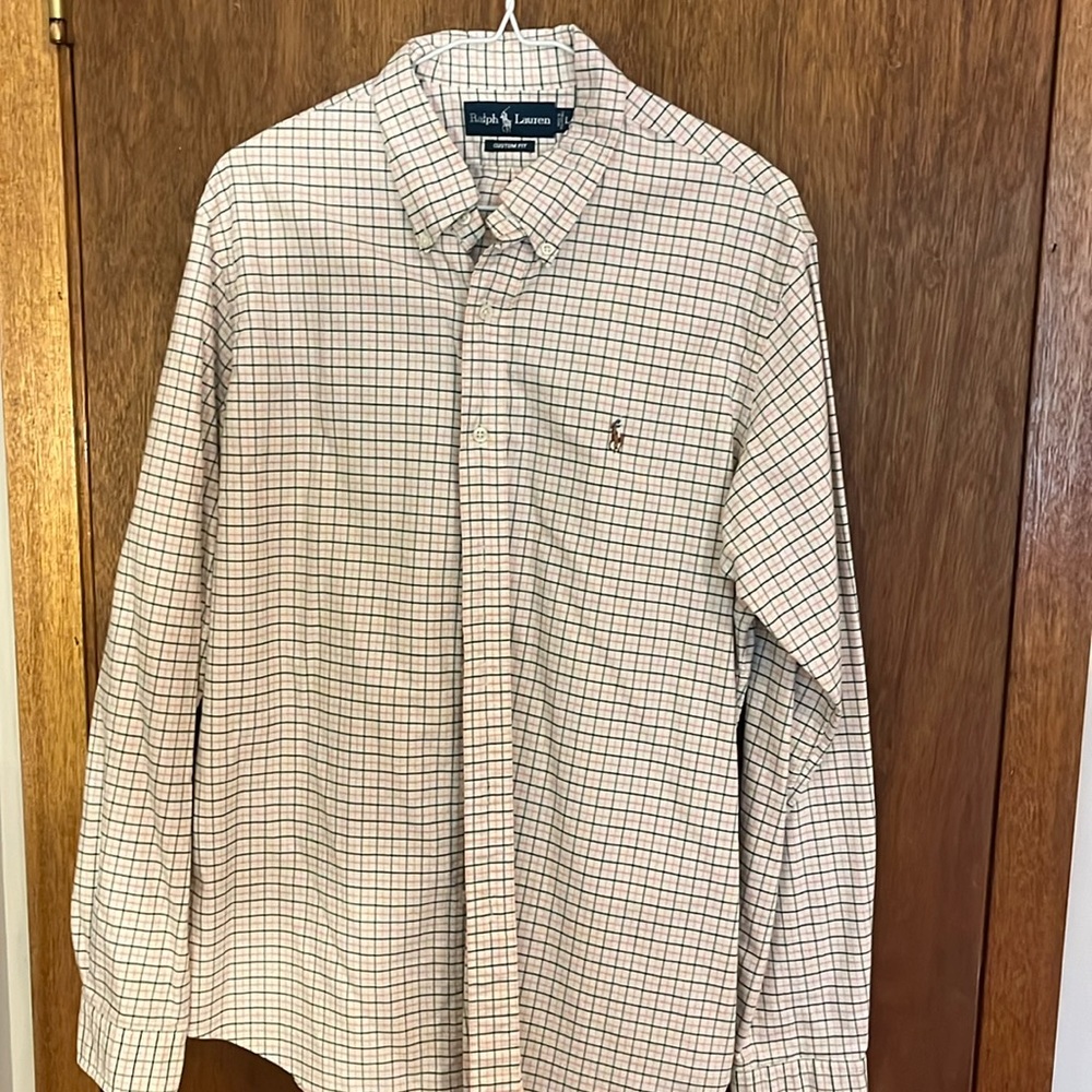 Ralph Lauren Men’s Dress Shirt Men’s Large Tan With Green/Pink Checkered